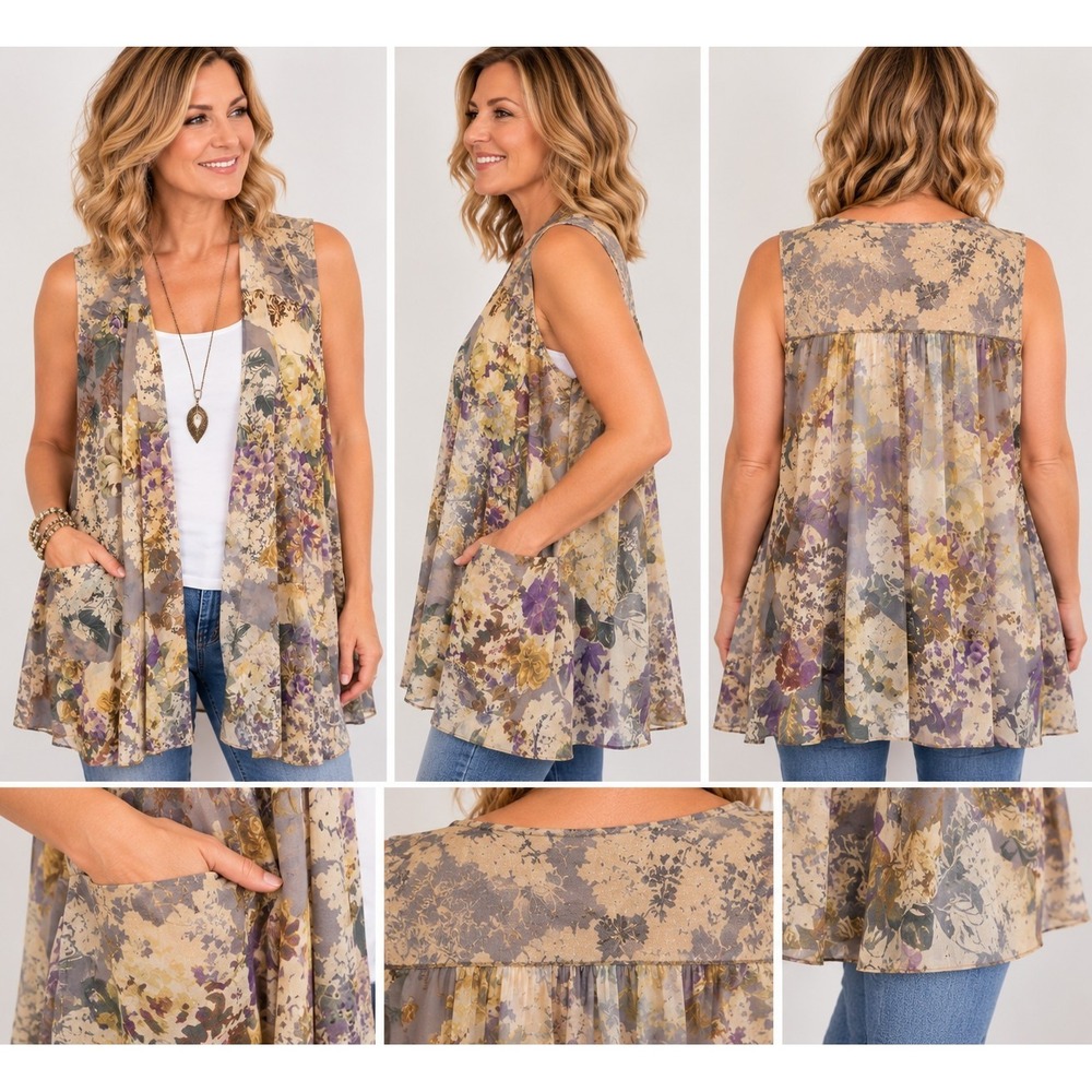 LOGO Lori Goldstein XL Floral Sheer Draped Vest Handkerchief Hem Pockets